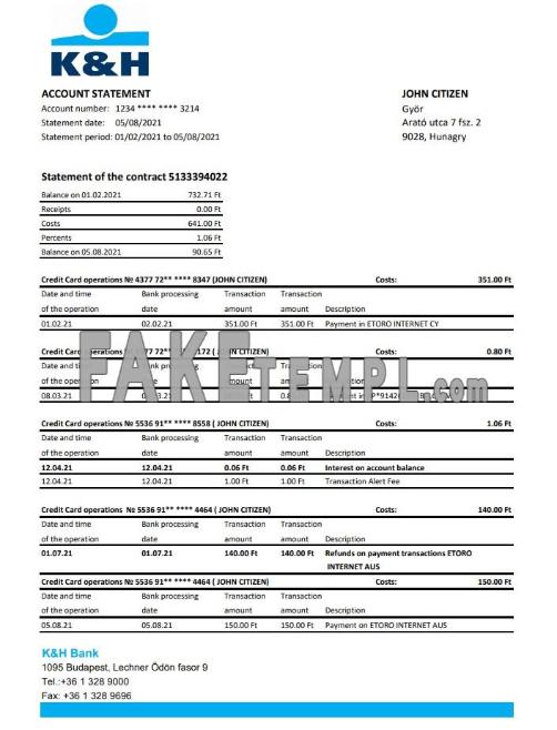 Hungary K&H fake bank statement Excel and PDF template